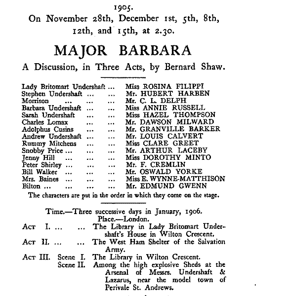 December 1905 Play Bill for Major Barbara
