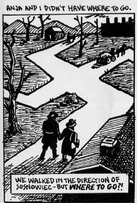 Maus I page 125 panel 5: scene with Vladek and Anja walking to Sosnowiek